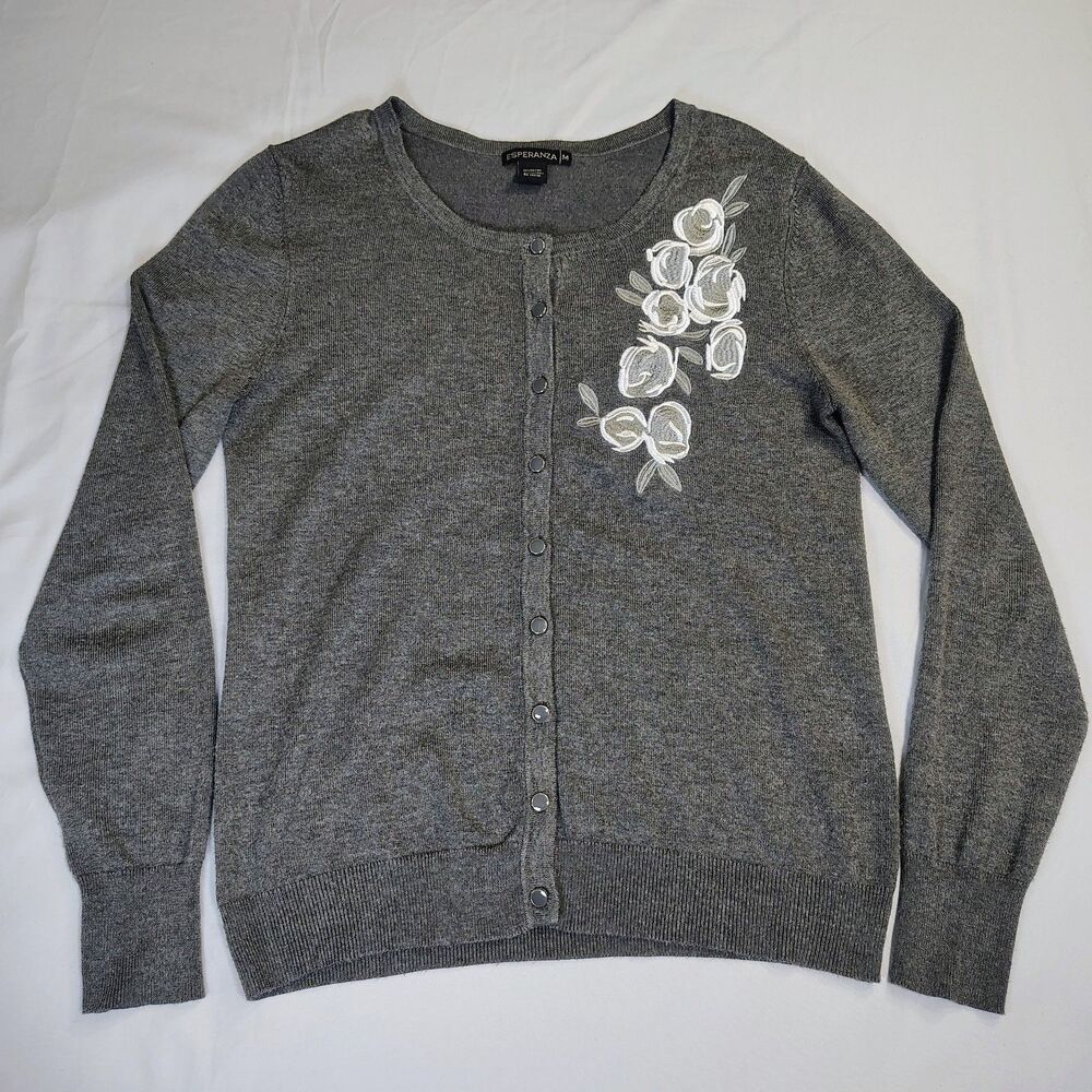 Esperanza Lightweight Grey Cardigan Floral Embroidered Sz M Coquette Romantic